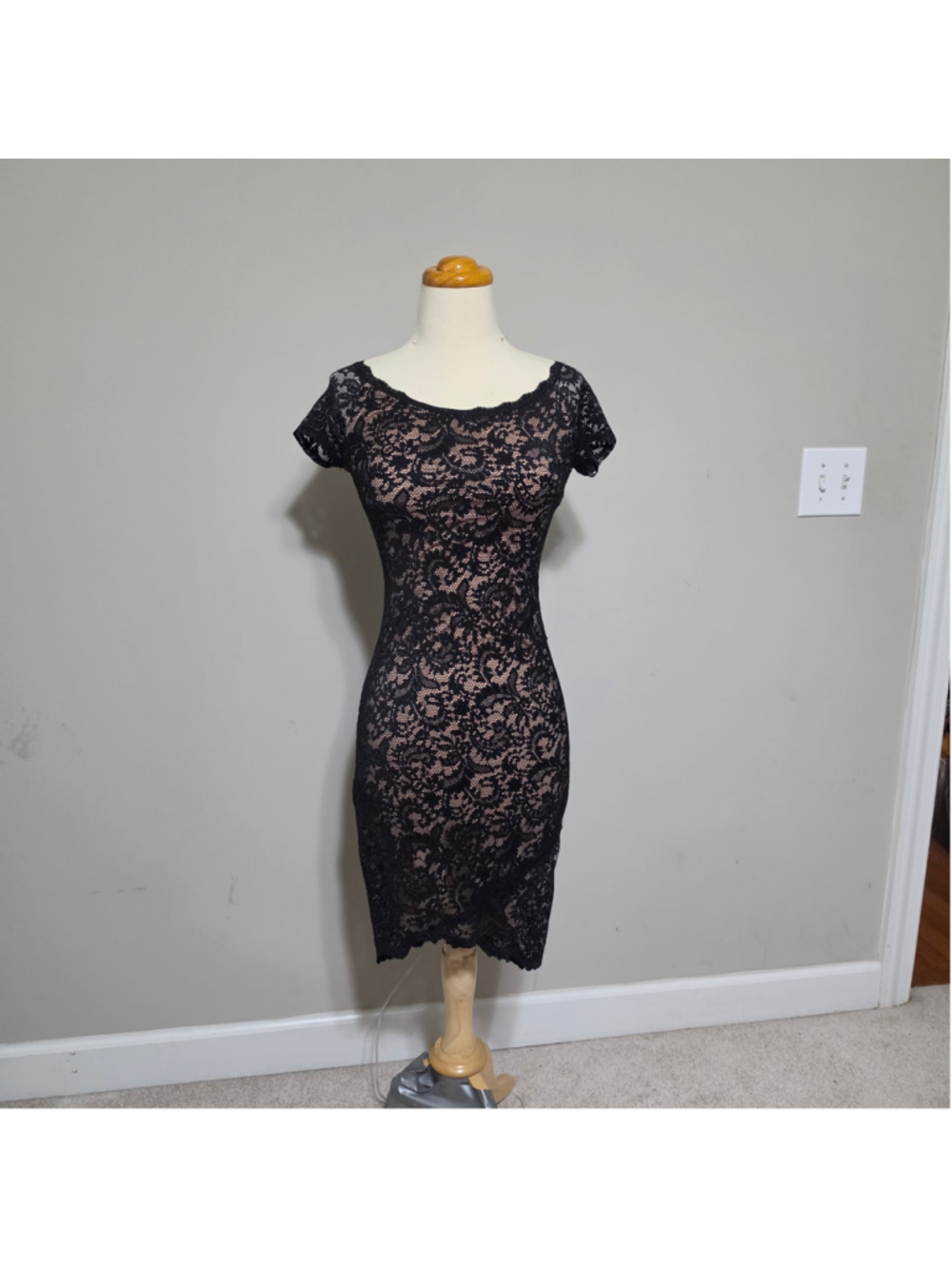 Bisou Bisou Black Lace Nude Lining Bodycon Dress Size 4